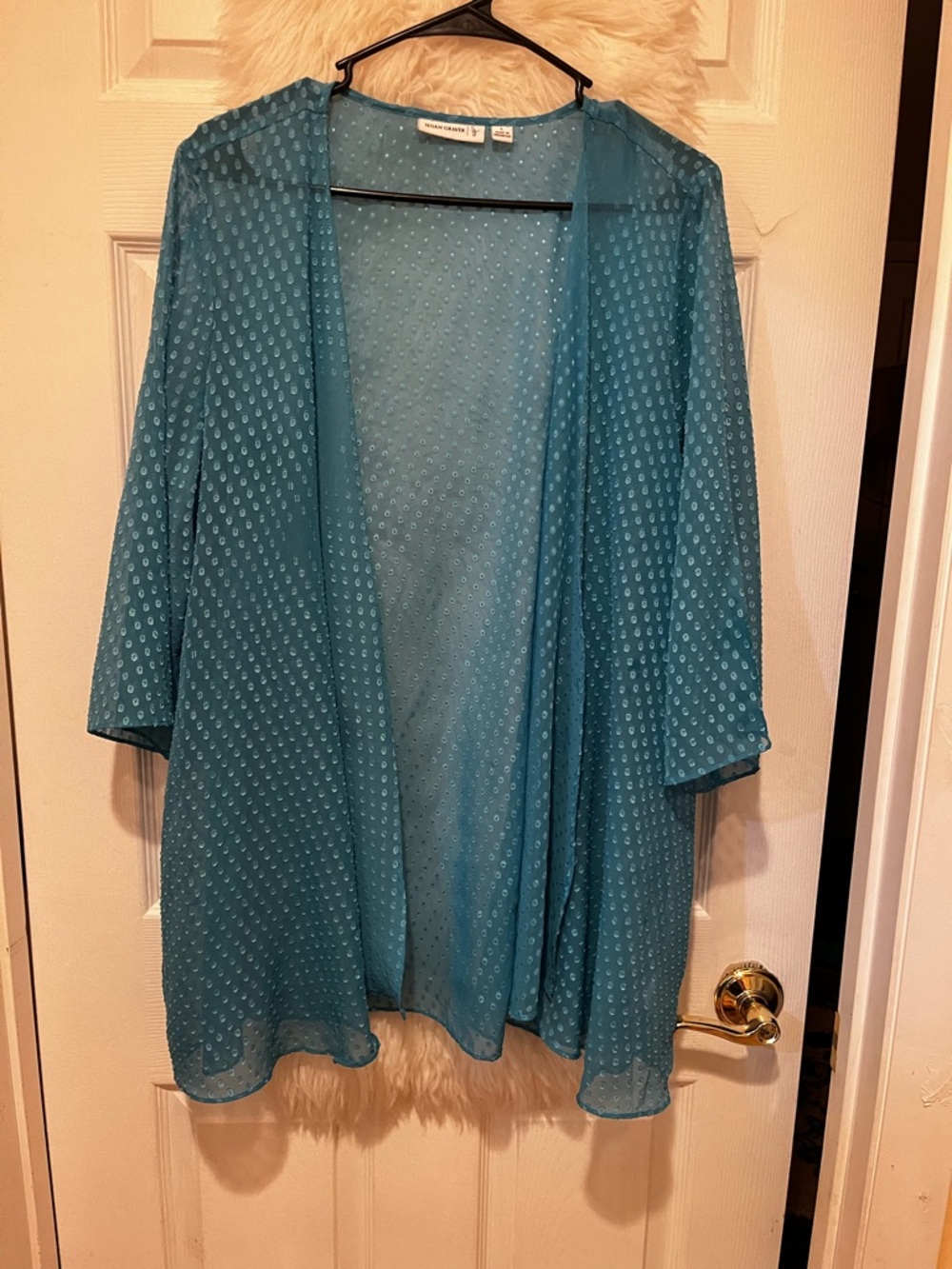 Susan Graver Teal Sheer Dot-Embroidered Kimono Top